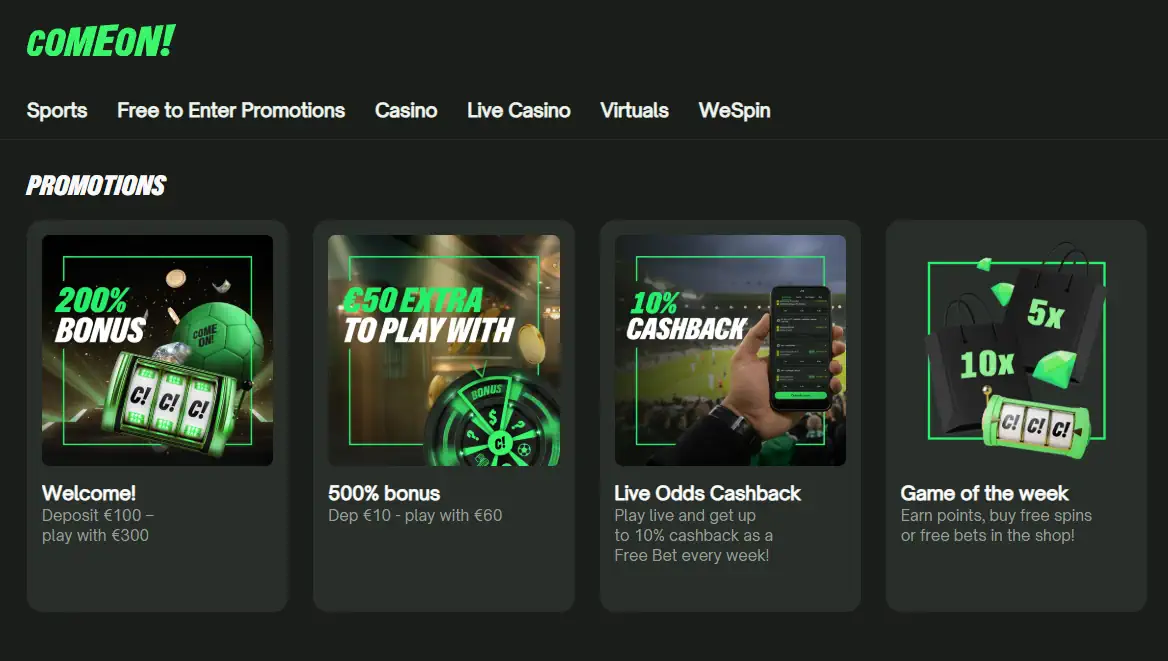 ComeOn Casino Promotions Screenshot